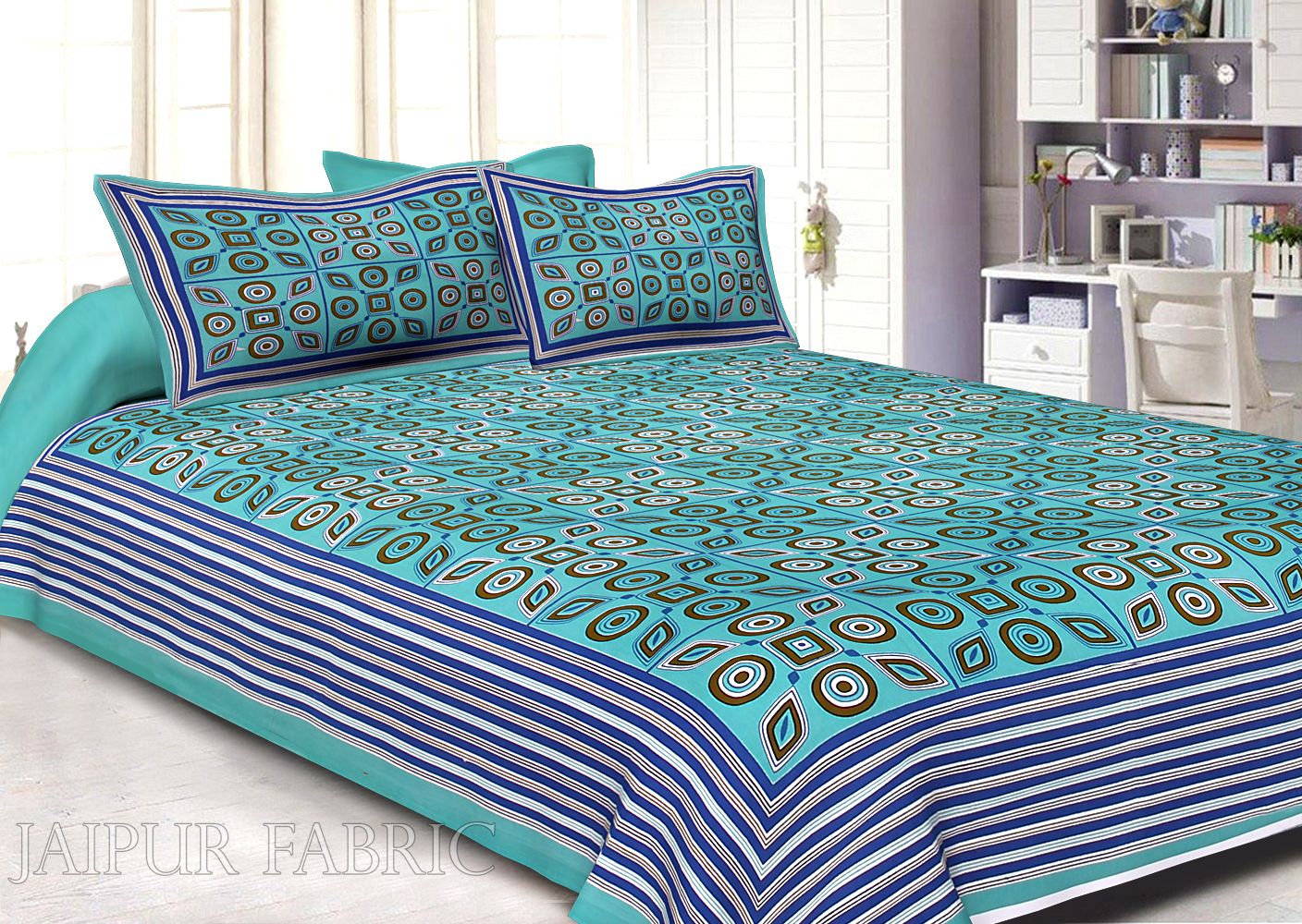 Blue Border Blue Base Multi Shape Pattern Screen Print Cotton Double Bed Sheet