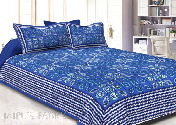 Royal Blue Border Royal Blue Base Multi Shape Pattern Screen Print Cotton Double Bed Sheet