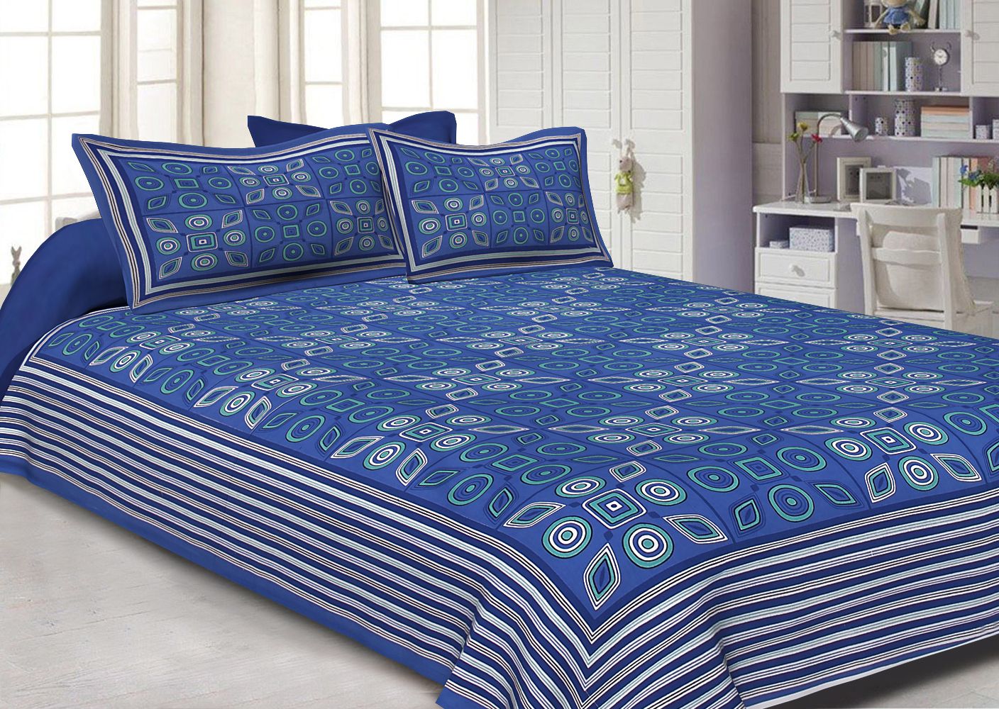 Blue Geometric Printed Cotton Double Bed Sheet