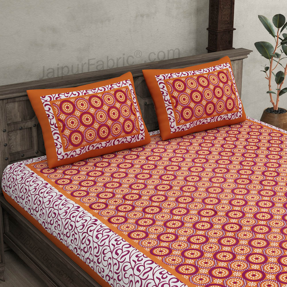 Brown Border White Base Circle Pattern Screen Print Cotton Double Bed Sheet