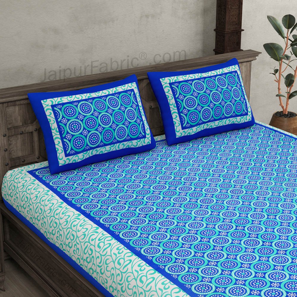 Navy Blue Border White Base Circle Pattern Screen Print Cotton Double Bed Sheet