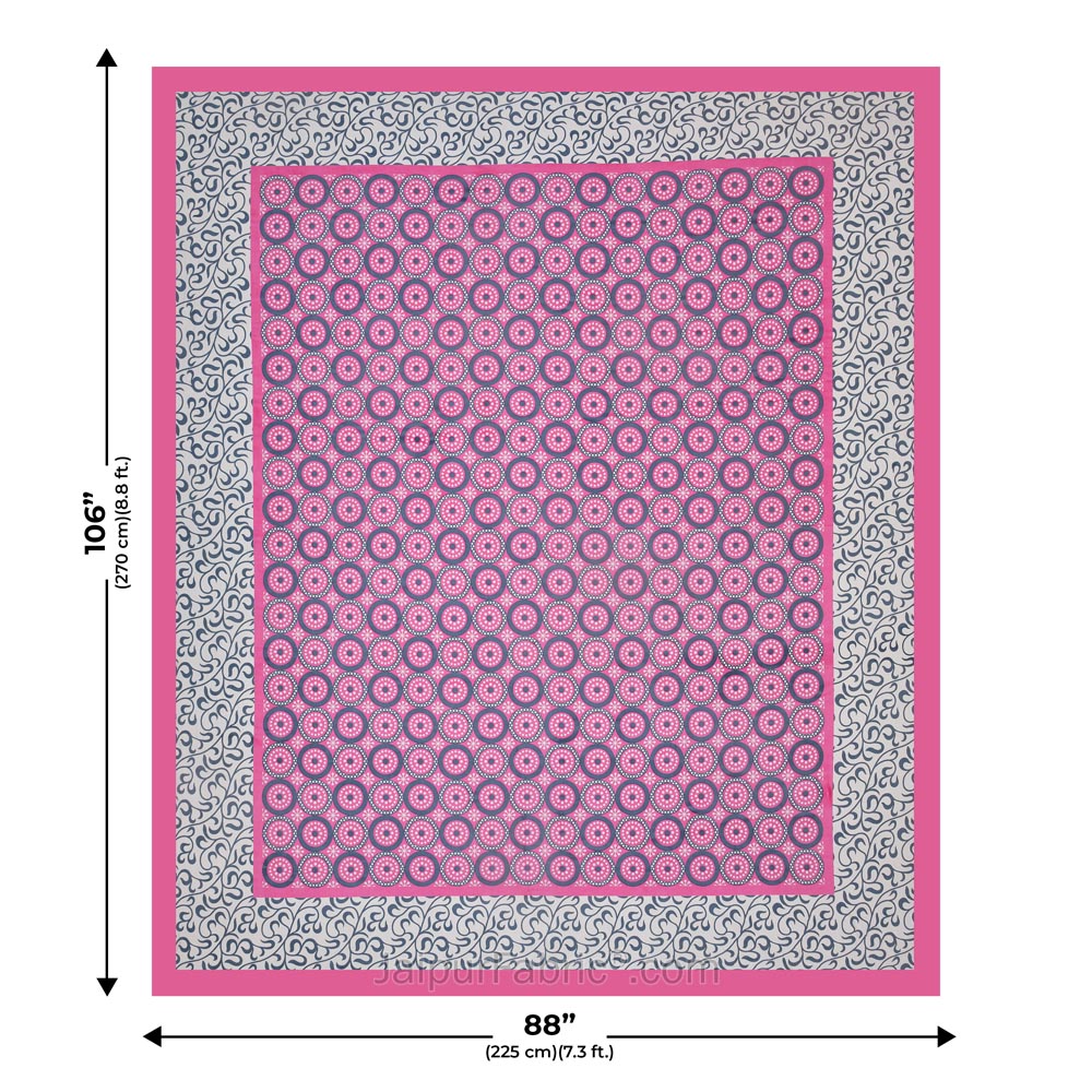 Pink Border White Base Circle Pattern Screen Print Cotton Double Bed Sheet