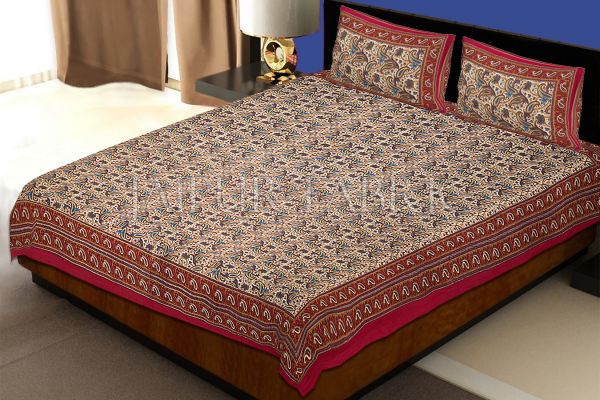 Maroon Border Leaf Pattern Screen Print Cotton Double Bed Sheet