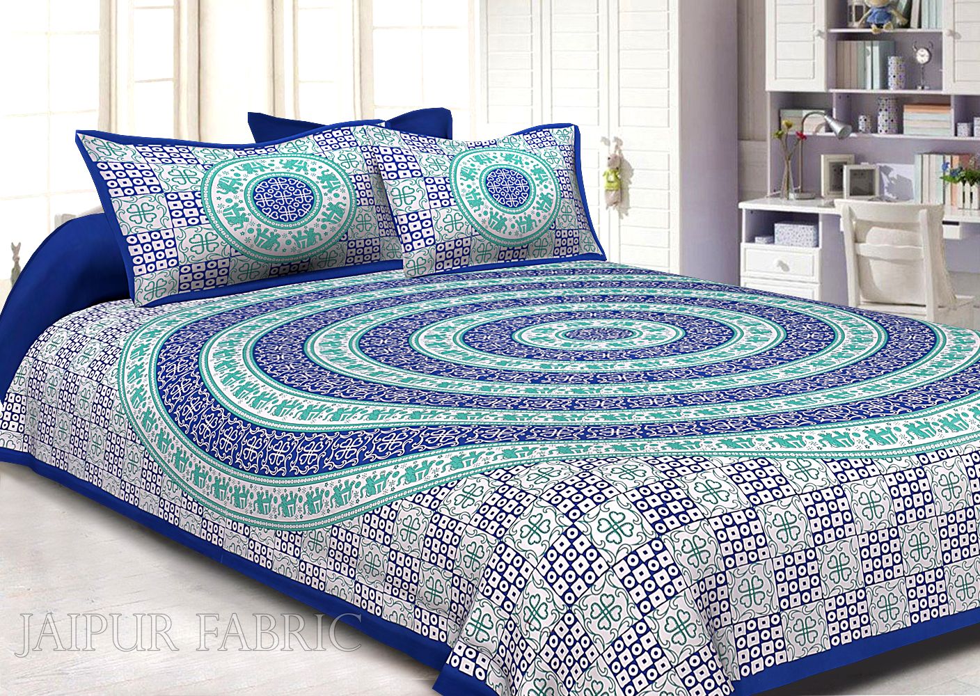 Navy Blue Border Circle Elephant Pattern Screen Print Cotton Double Bed Sheet