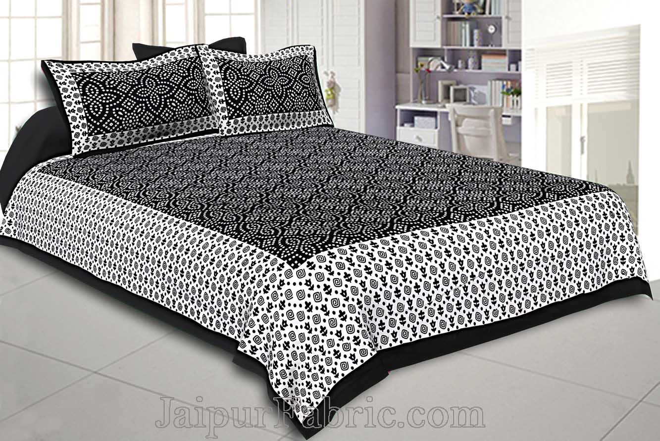 Black  Border White Base Bandhej Pattern Screen Print Cotton Double Bed Sheet