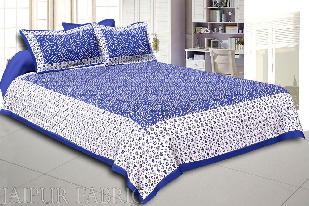 Blue Border White Base Bandhej Pattern Screen Print Cotton Double Bed Sheet