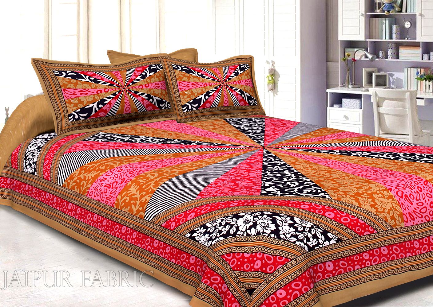 Brown Border Multi Pattern Screen Print Cotton Double Bed Sheet