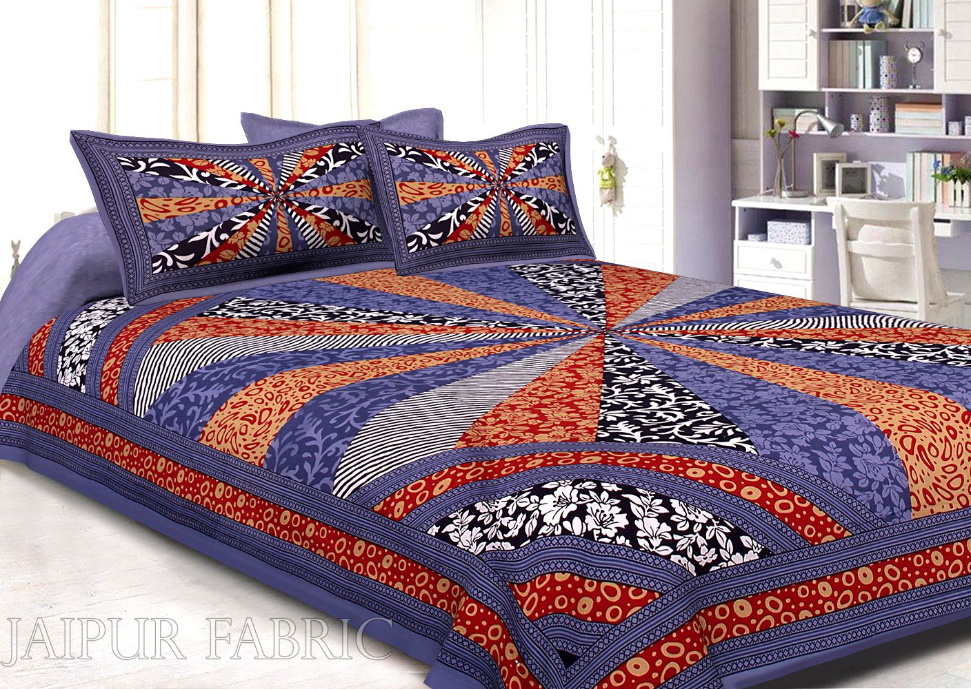 Indigo Border Multi Pattern Screen Print Cotton Double Bed Sheet