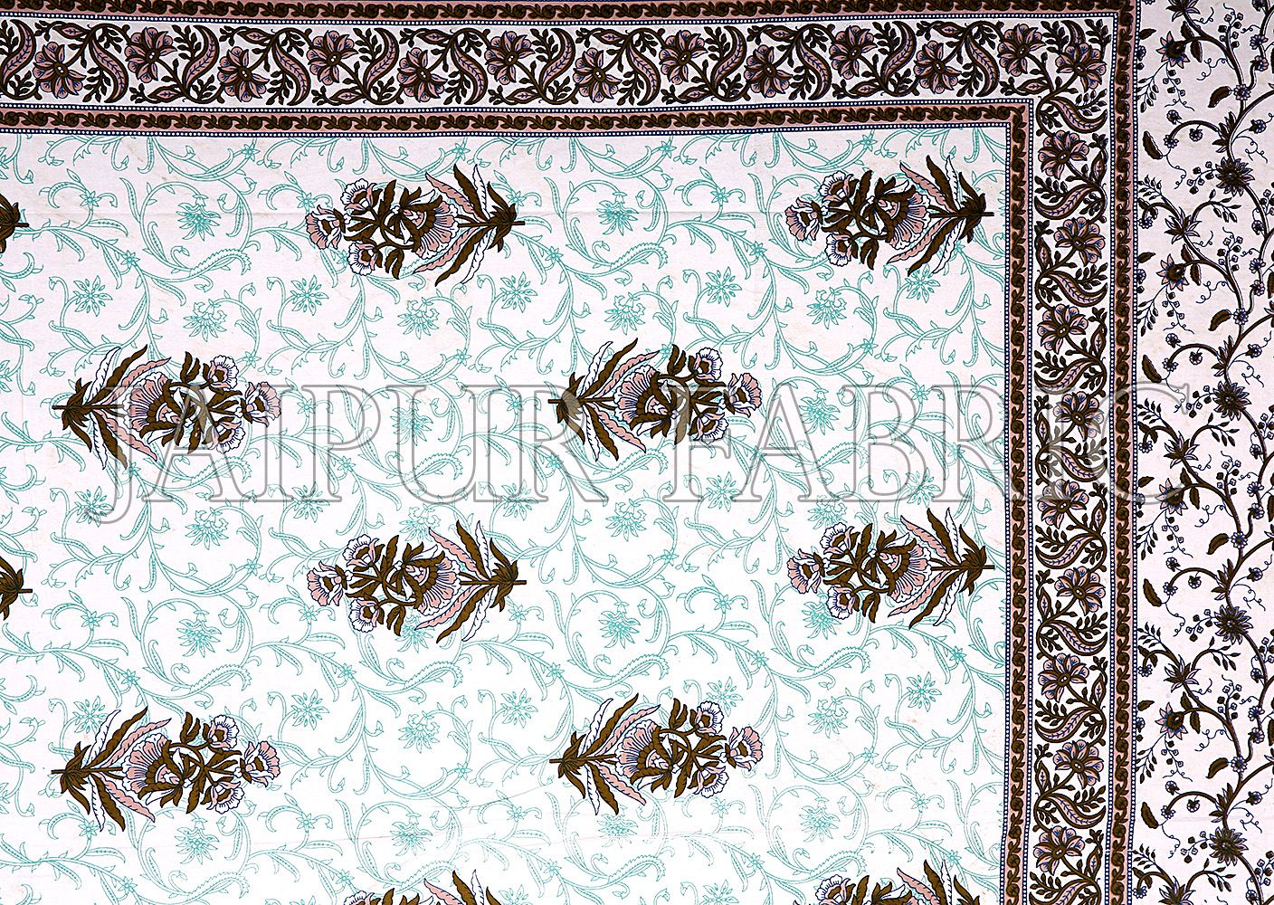 Sea Green Border White Base Flower & Leaf Pattern Screen Print Cotton Double Bed Sheet