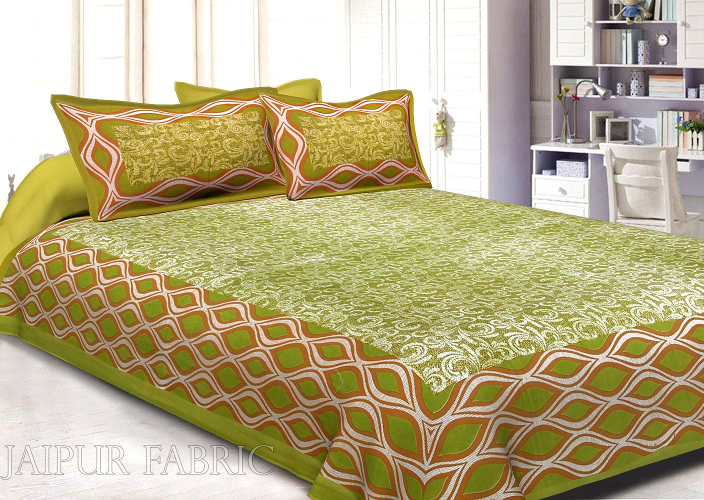 Green Border Retro Pattern Screen Print Cotton Double Bed Sheet