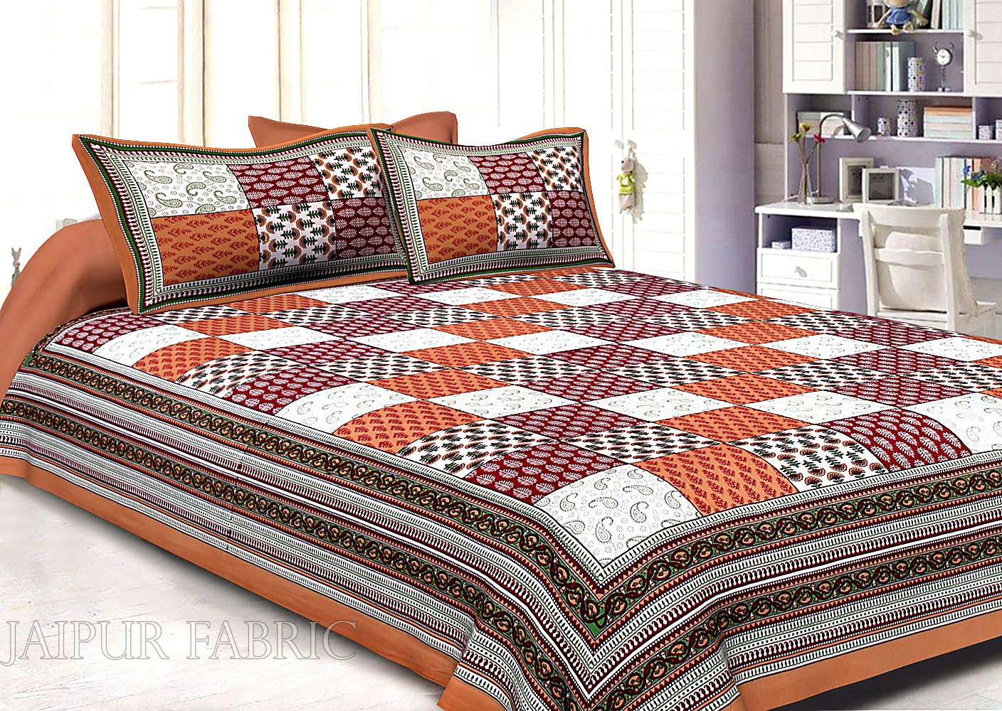 Brown Border Square Pattern Screen Print Cotton Double Bed Sheet