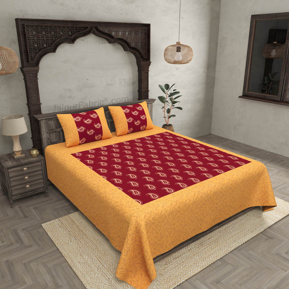 Patola Gold Royal Maroon Paisley Festive Cotton BedSheet