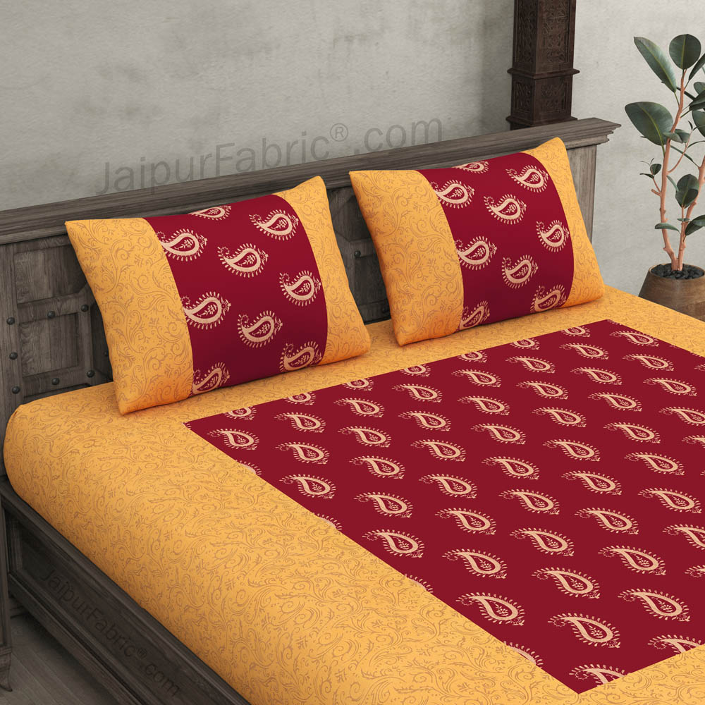 Patola Gold Royal Maroon Paisley Festive Cotton BedSheet