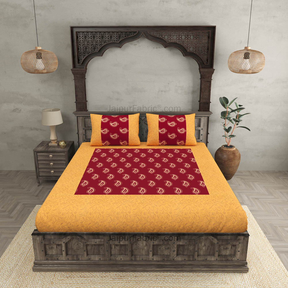 Patola Gold Royal Maroon Paisley Festive Cotton BedSheet