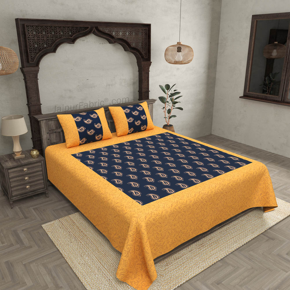 Patola Gold Navy Blue Paisley Festive Cotton BedSheet