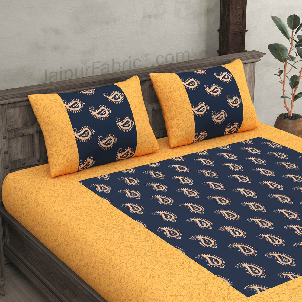 Patola Gold Navy Blue Paisley Festive Cotton BedSheet