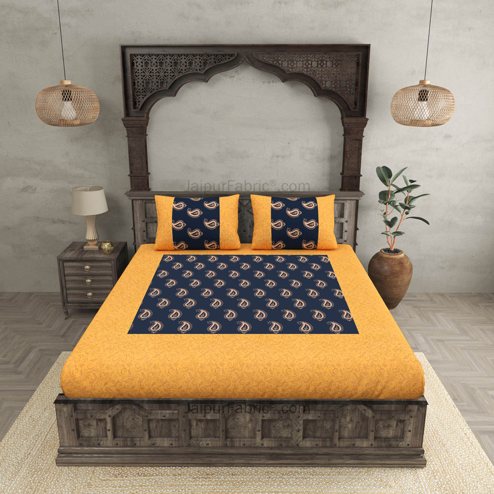 Patola Gold Navy Blue Paisley Festive Cotton BedSheet