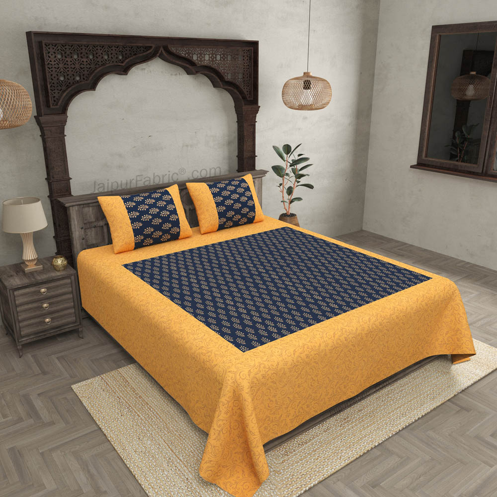 Patola Gold Navy Blue Sparkle Festive Cotton BedSheet