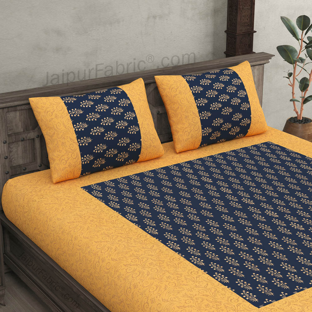 Patola Gold Navy Blue Sparkle Festive Cotton BedSheet