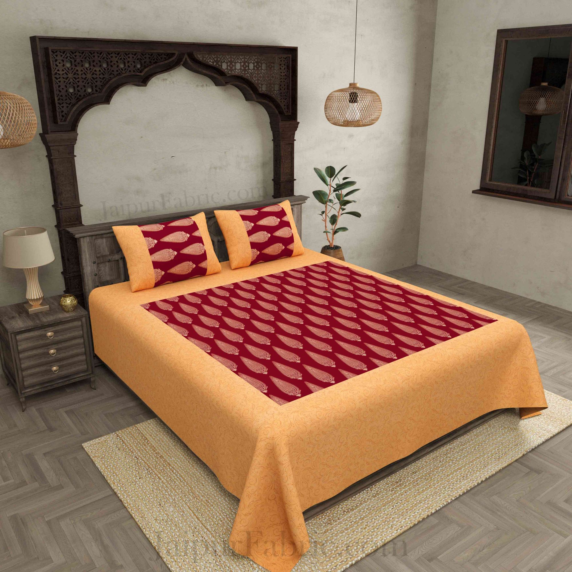 Patola BedSheet in Royal Maroon Base Cream Border Gold Print Kerry Pattern Super Fine Cotton with 2 pillow covers