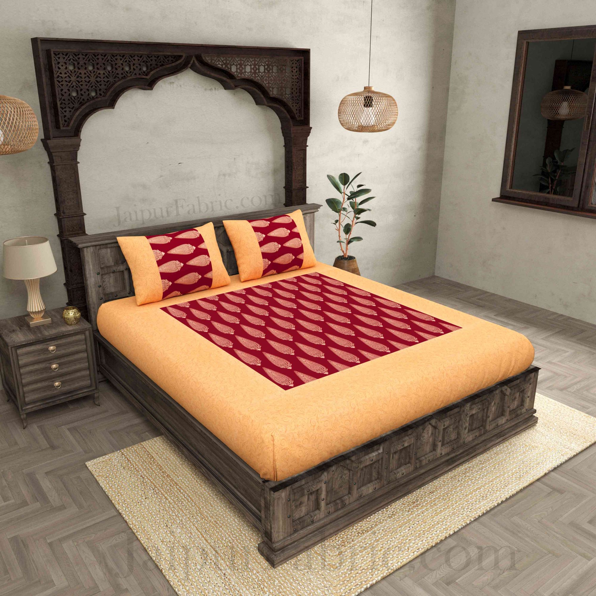 Patola BedSheet in Royal Maroon Base Cream Border Gold Print Kerry Pattern Super Fine Cotton with 2 pillow covers