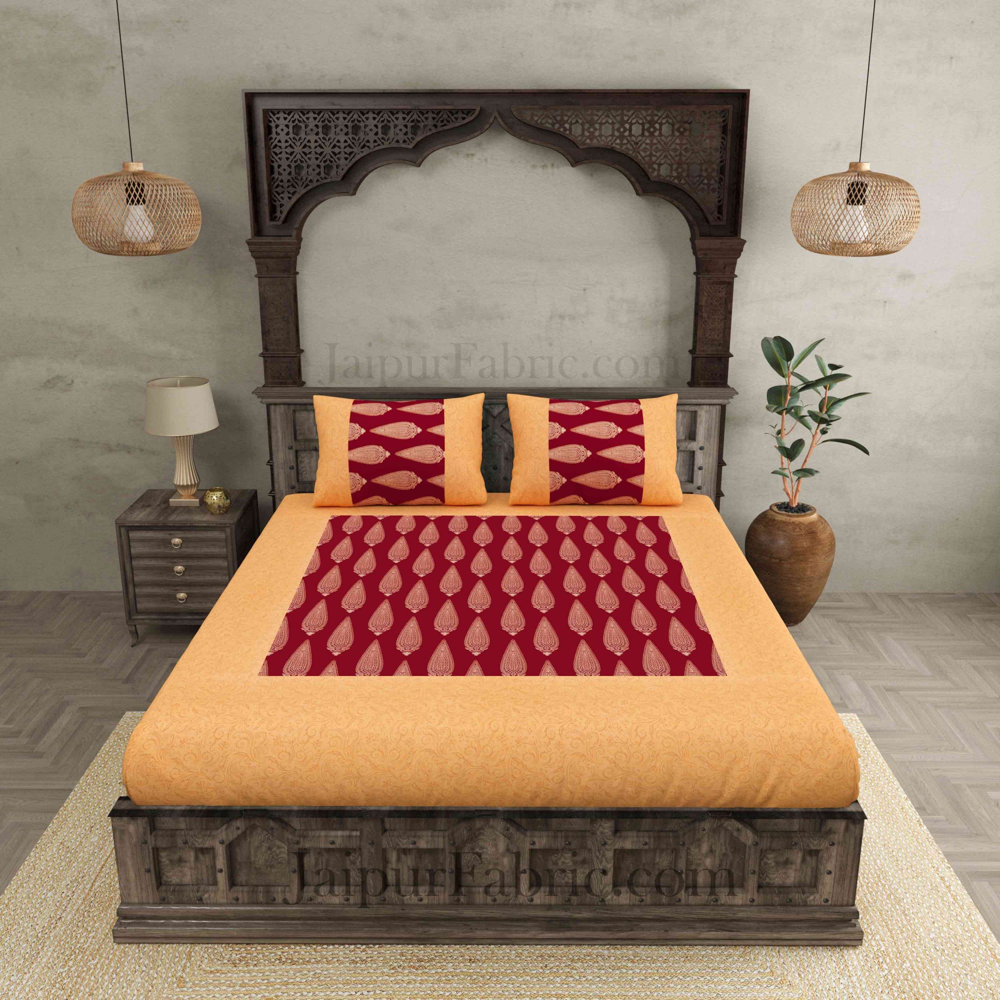 Patola BedSheet in Royal Maroon Base Cream Border Gold Print Kerry Pattern Super Fine Cotton with 2 pillow covers