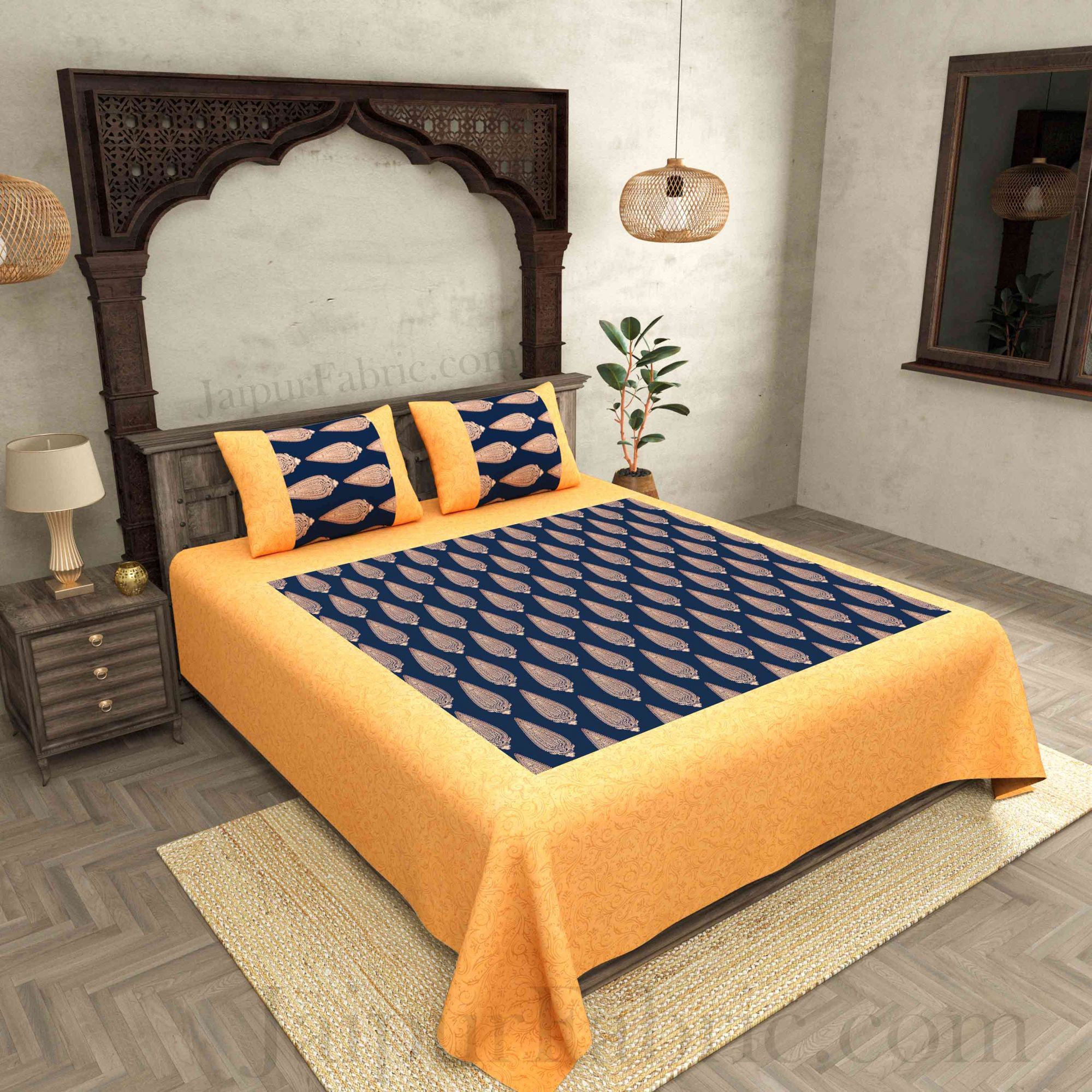 Patola BedSheet in Navy Blue Base Cream Border Gold Print Kerry Pattern Super Fine Cotton with 2 pillow covers