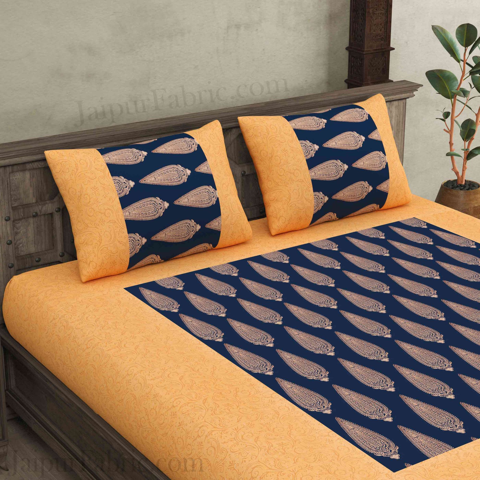 Patola BedSheet in Navy Blue Base Cream Border Gold Print Kerry Pattern Super Fine Cotton with 2 pillow covers