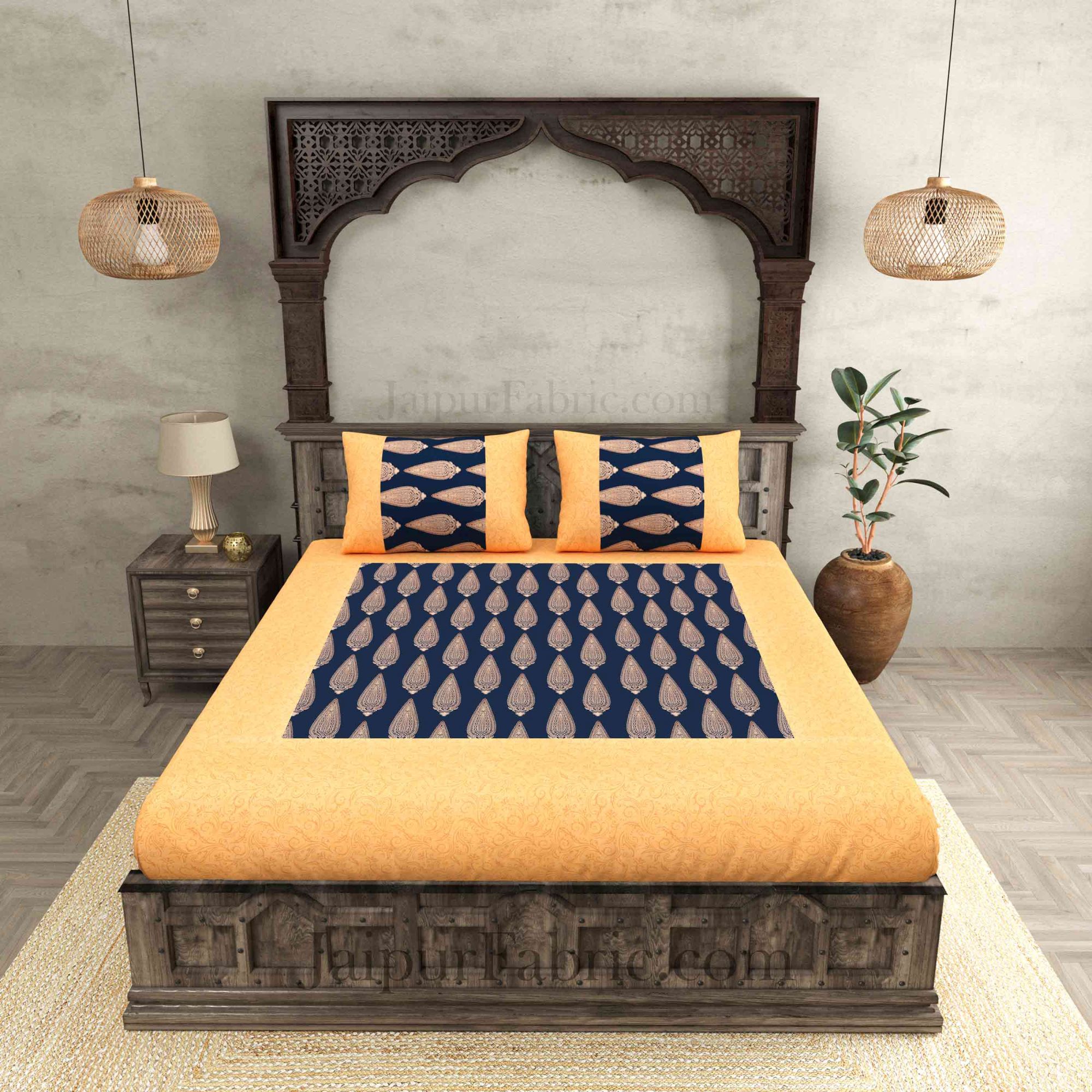 Patola BedSheet in Navy Blue Base Cream Border Gold Print Kerry Pattern Super Fine Cotton with 2 pillow covers