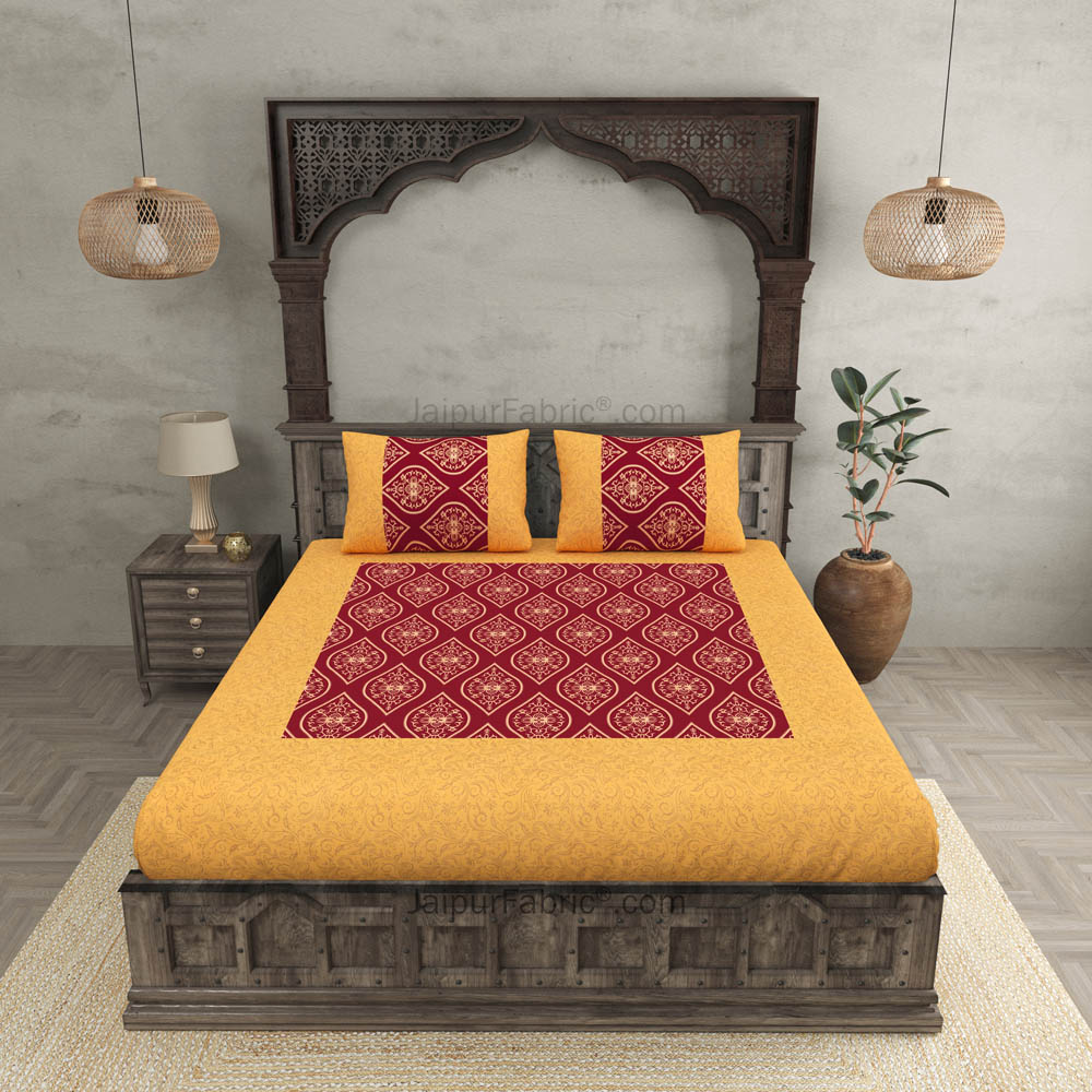 Patola Gold Royal Maroon Jaal Festive Cotton BedSheet