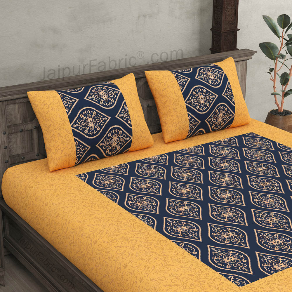 Patola Gold Navy Blue Jaal Festive Cotton BedSheet