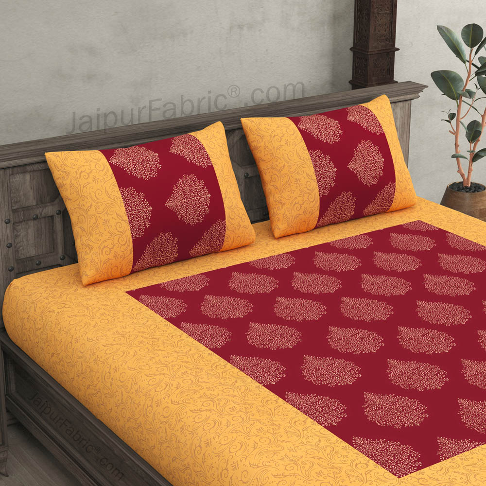 Patola Gold Royal Maroon Paan Festive Cotton BedSheet