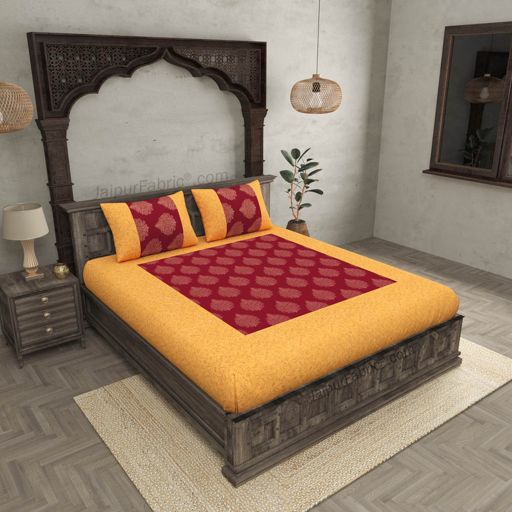 Patola Gold Royal Maroon Paan Festive Cotton BedSheet