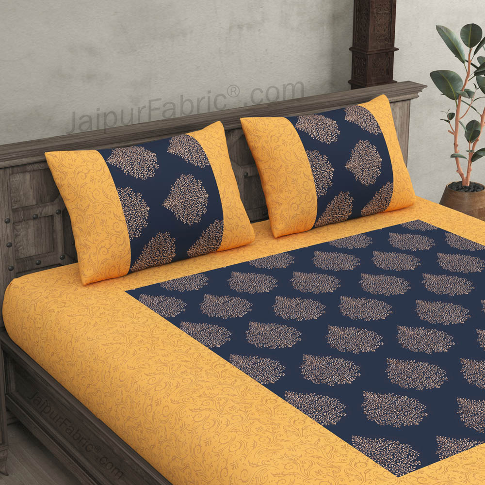 Patola Gold Navy Blue Paan Festive Cotton BedSheet