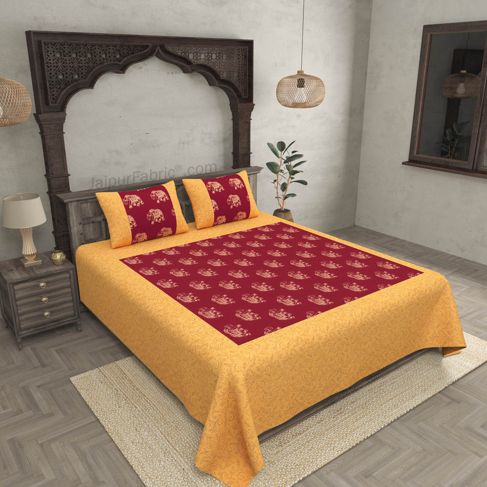 Patola Gold Royal Maroon Elephant Festive Cotton BedSheet