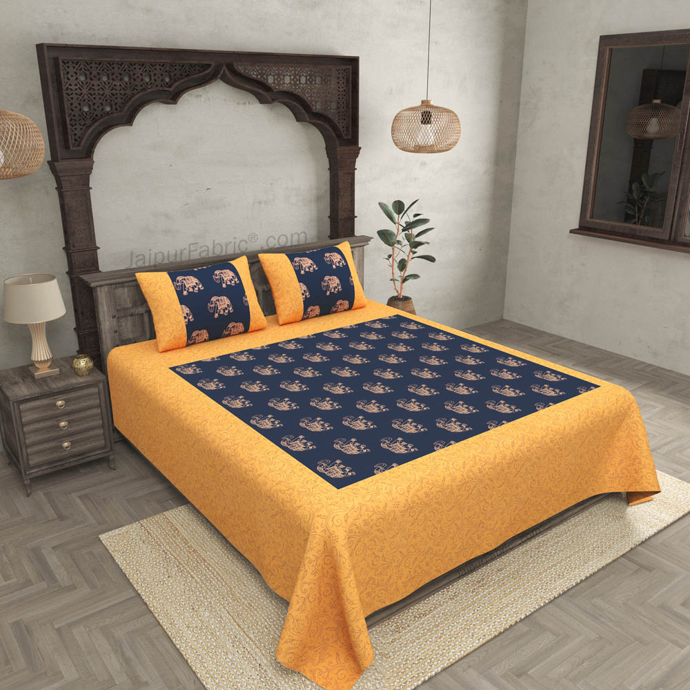 Patola Gold Navy Blue Elephant Festive Cotton BedSheet