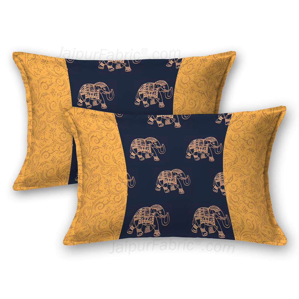 Patola Gold Navy Blue Elephant Festive Cotton BedSheet