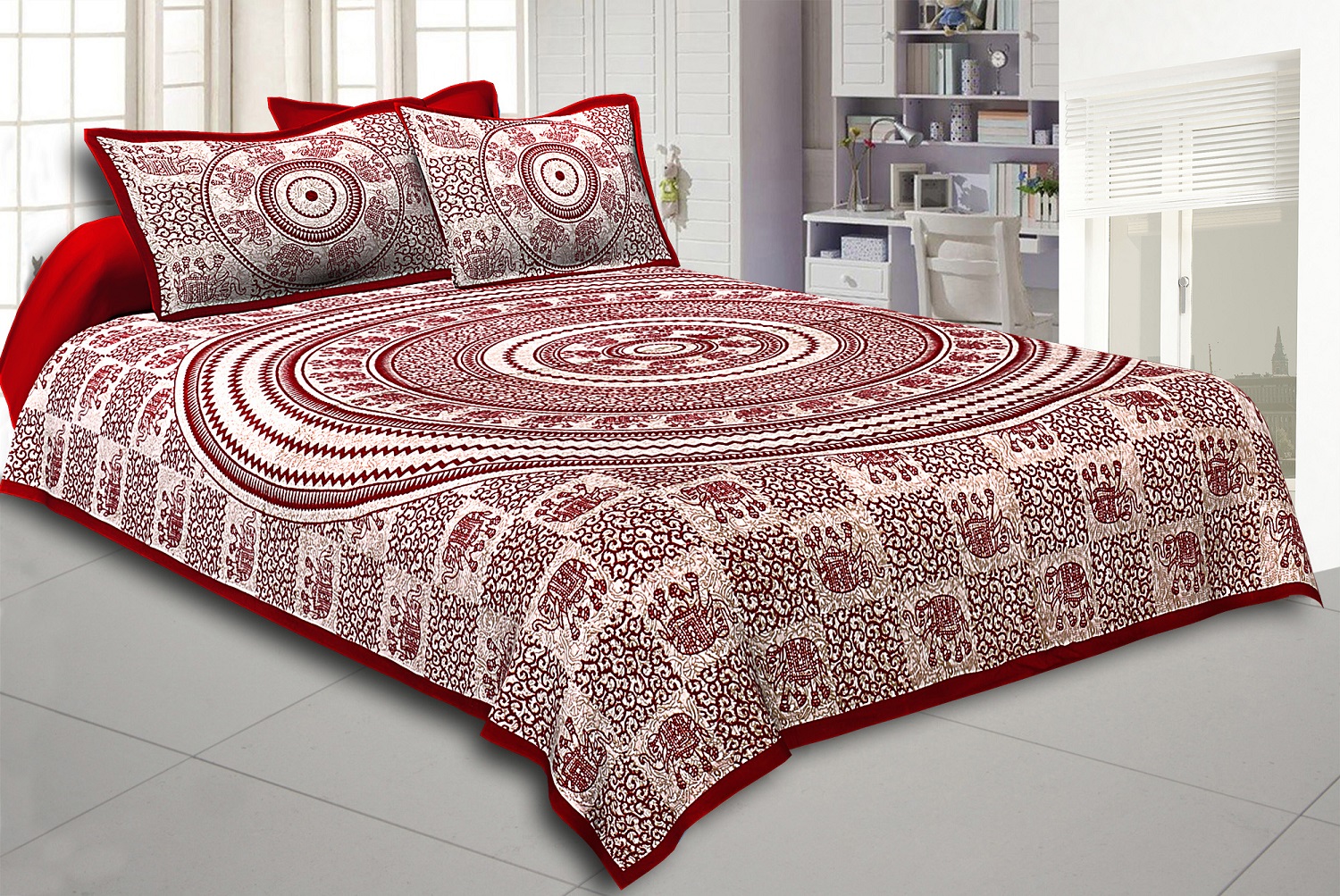 Maroon Border Cream Base Mandal   With Elephant Print Super Fine Cotton Bed Sheet