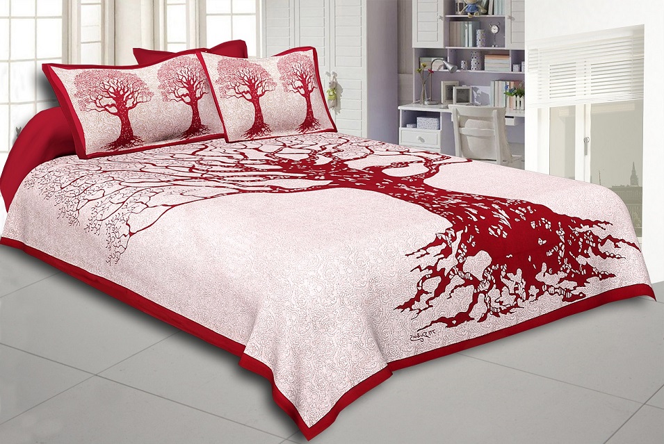 Maroon Border Light Cream base Big Tree Pattern  Super Fine Cotton Double Bed Sheet