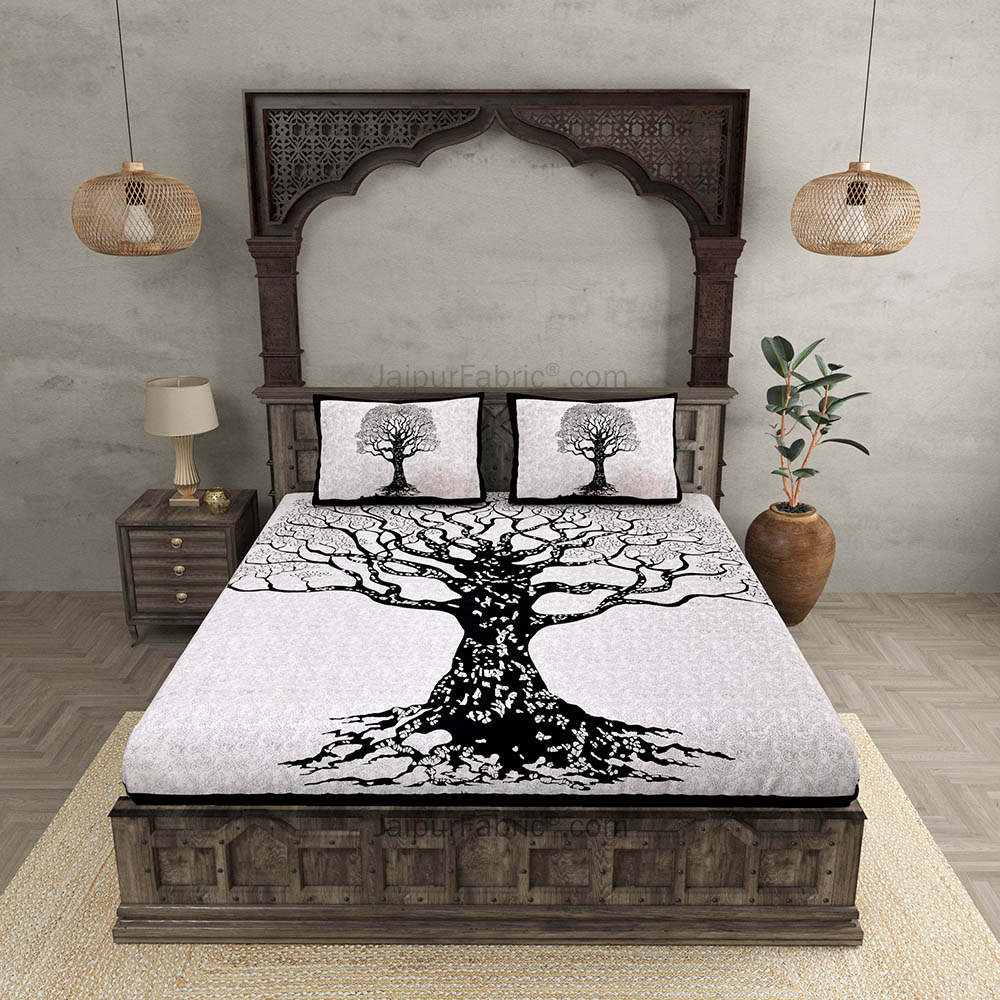 Black  Border Light Cream base Big Tree Pattern  Super Fine Cotton Double Bed Sheet