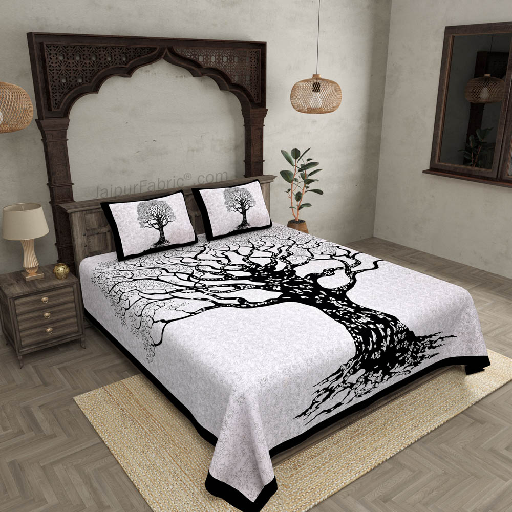 Black  Border Light Cream base Big Tree Pattern  Super Fine Cotton Double Bed Sheet