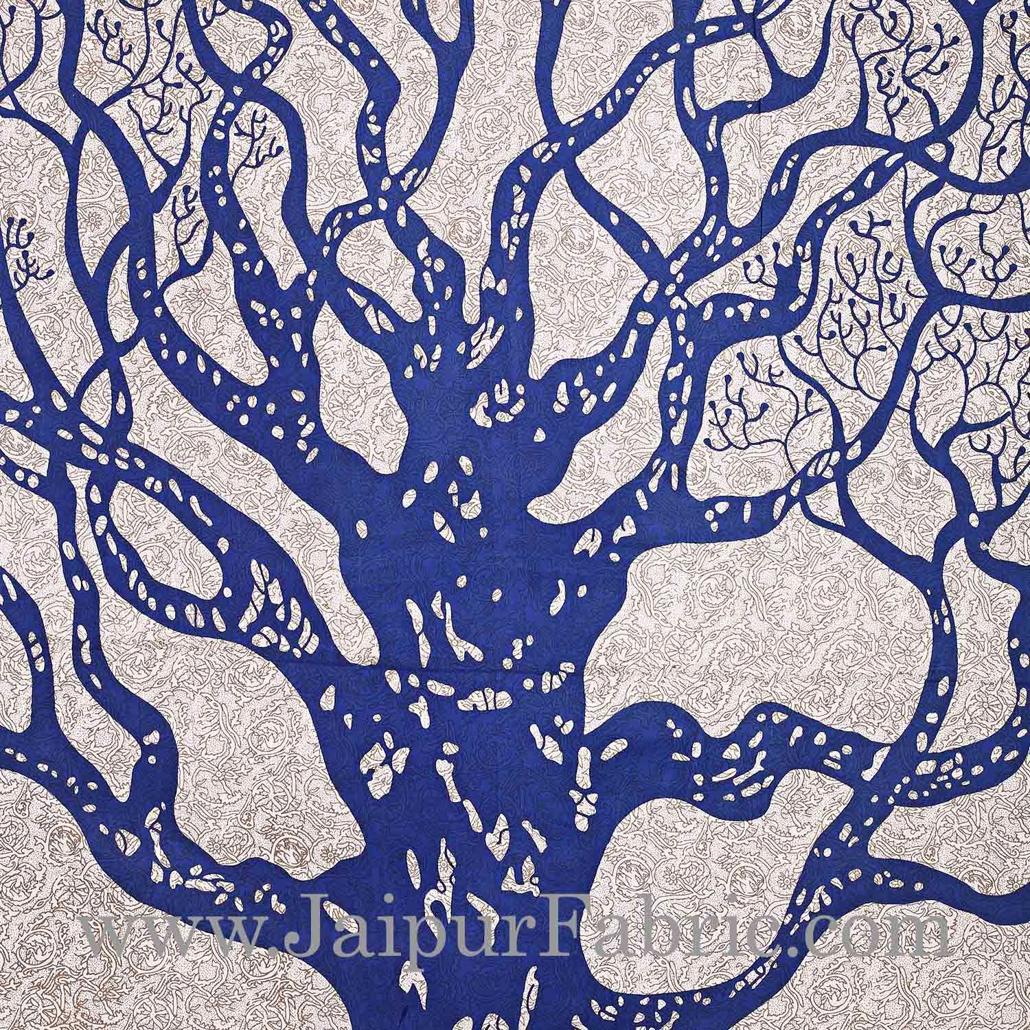 Blue  Border Light Cream base Big Tree Pattern  Super Fine Cotton Double Bed Sheet