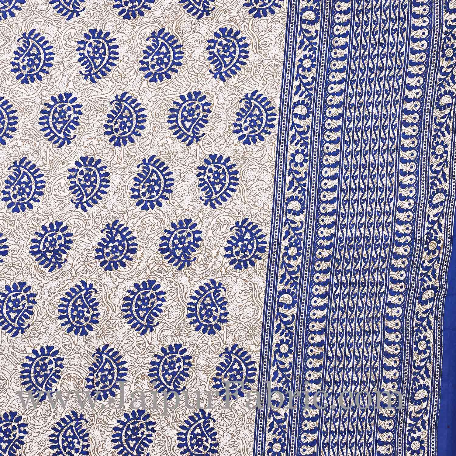 Blue Border  Cream Base Kerry Pattern Hand Block Print Super Fine Cotton Bed Sheet