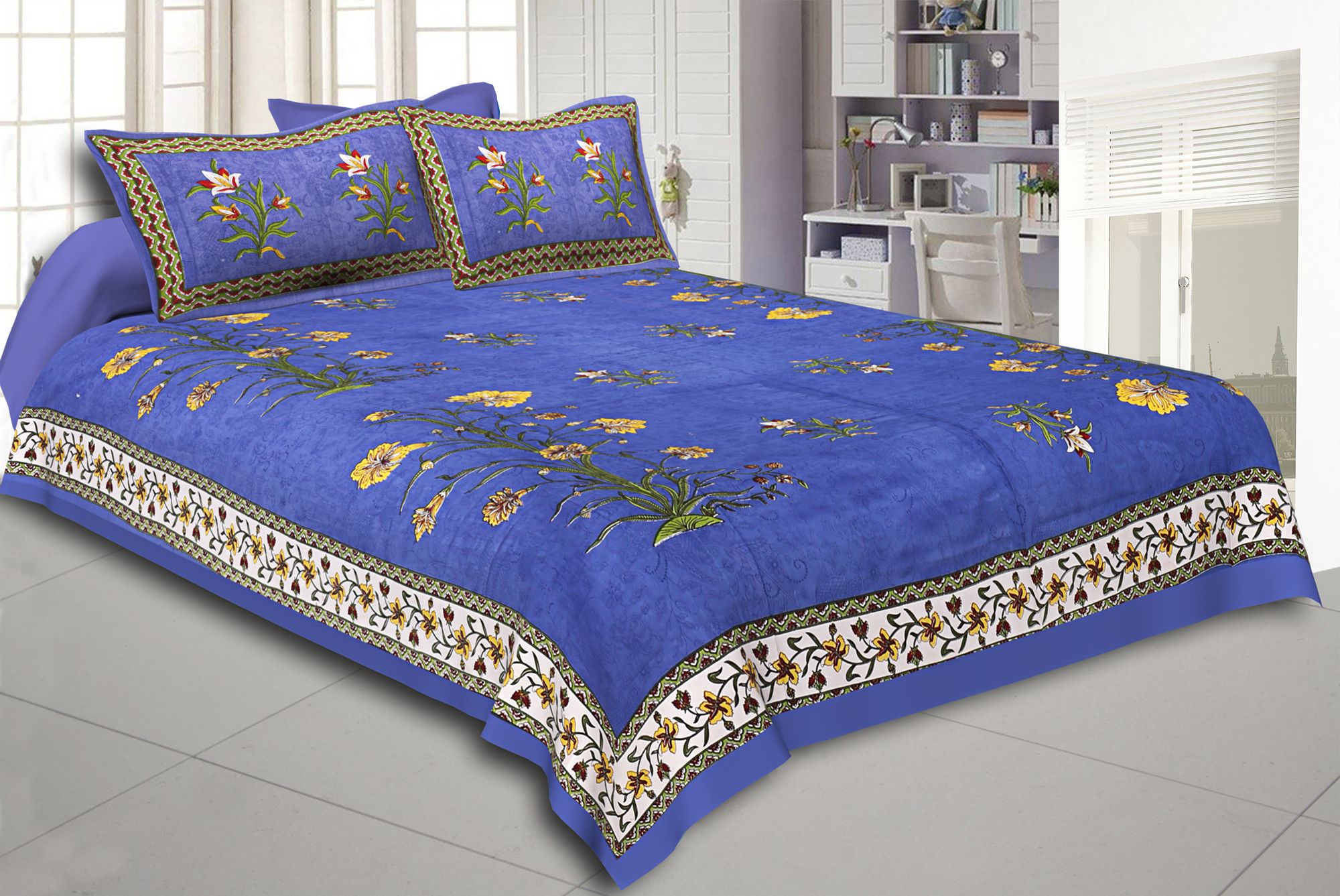 Blue Border Tree Print Blue Base Cotton Double  Bed Sheet