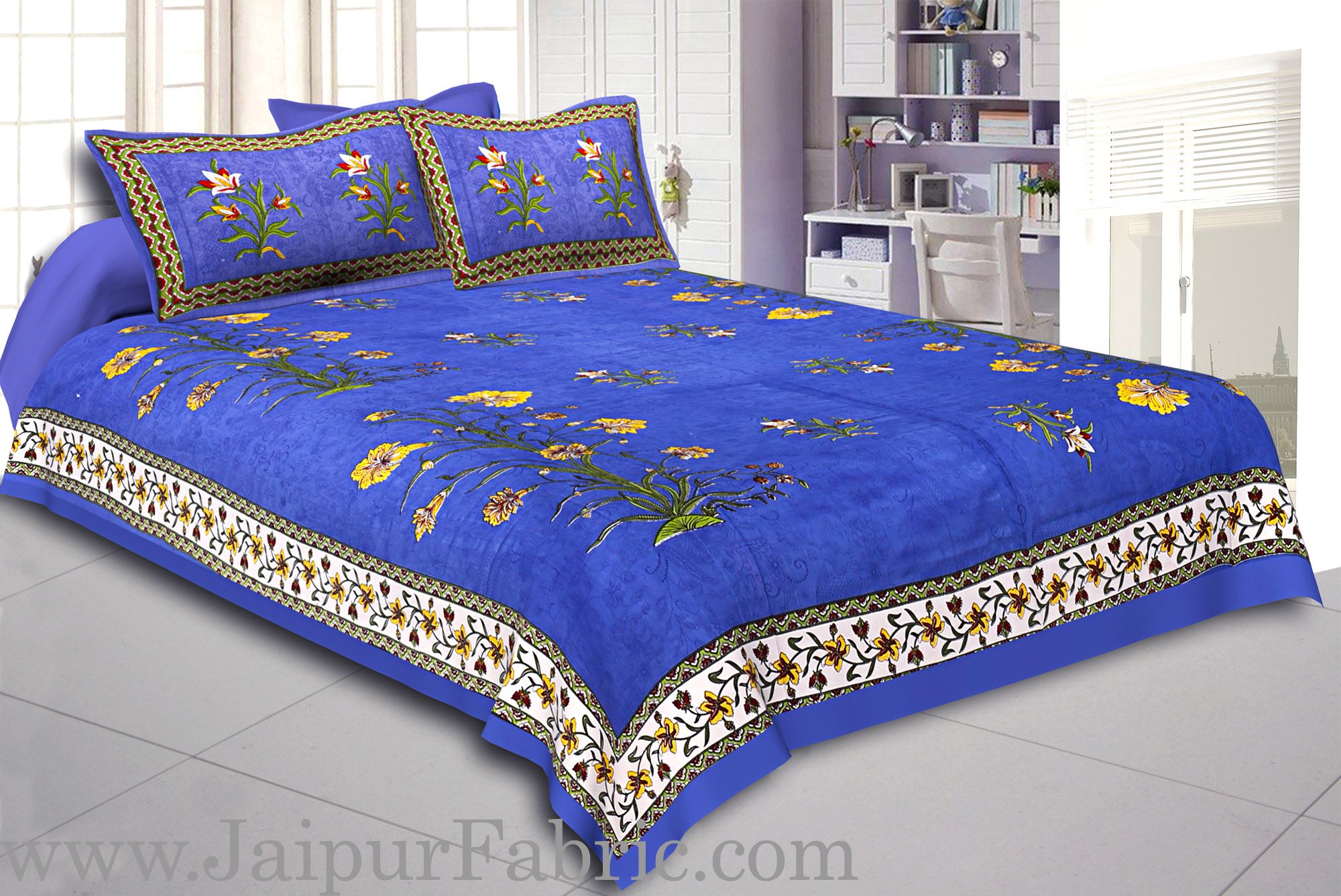 Blue Border Tree Print Blue Base Cotton Double  Bed Sheet