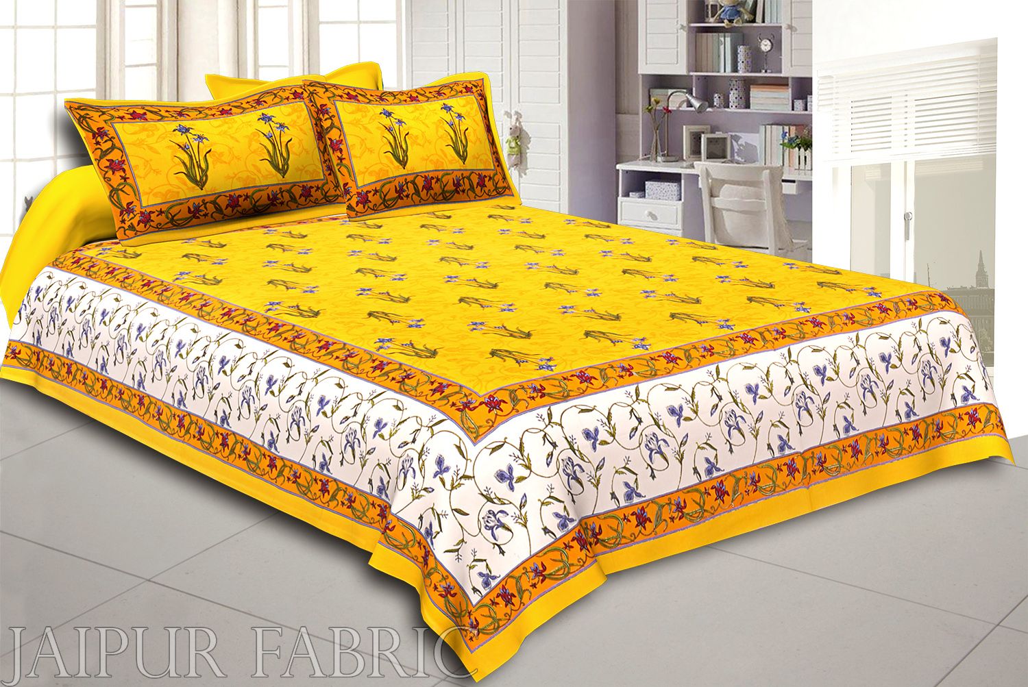 Yellow And Cream Border Yellow Base With  Small Mughal Print Cotton Double Bedsheet