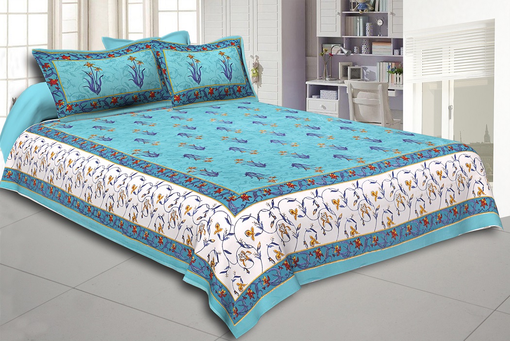 Sea Green And Cream Border With Sea Green Base With  Small Mughal Print Cotton Double Bedsheet