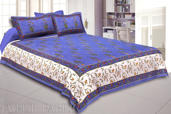 Blue And Cream Border With Blue Base With  Small Mughal Print Cotton Double Bedsheet