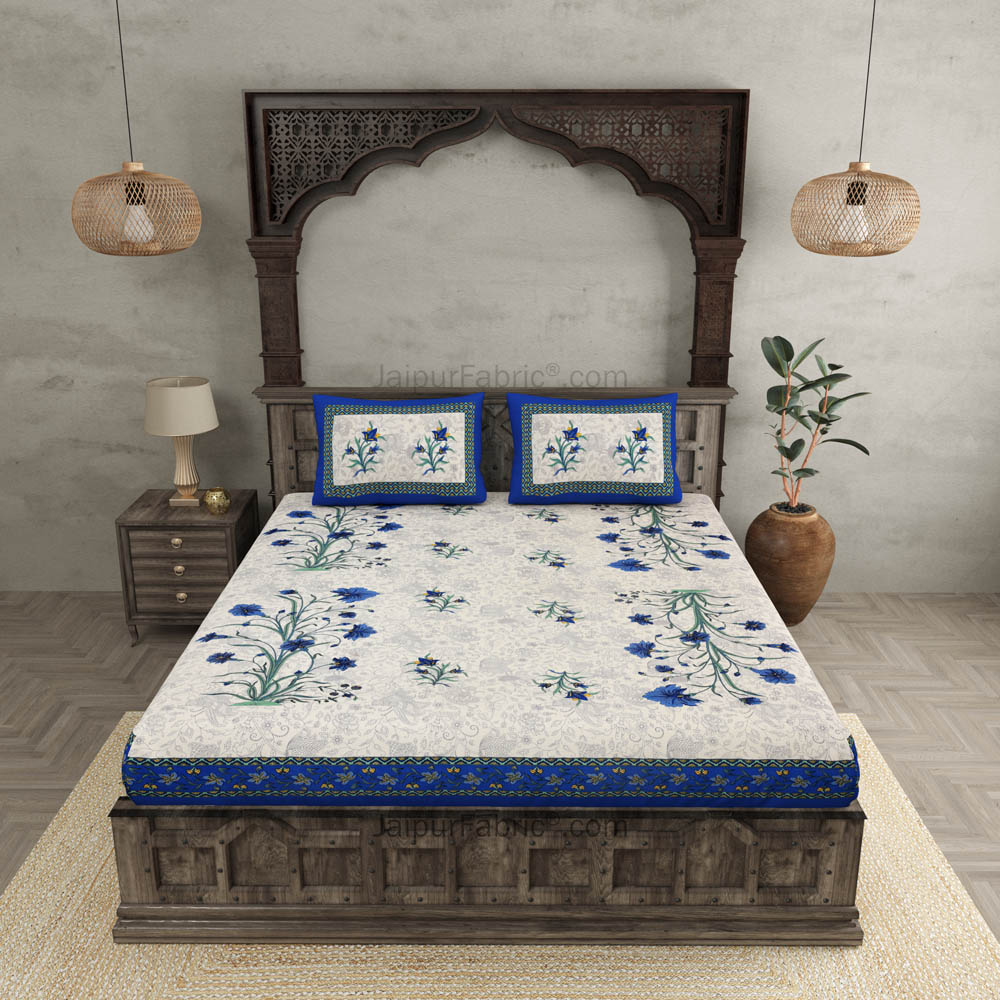 Blue Border Cream Base  Bud And Tree  Print Cotton Double  Bed Sheet