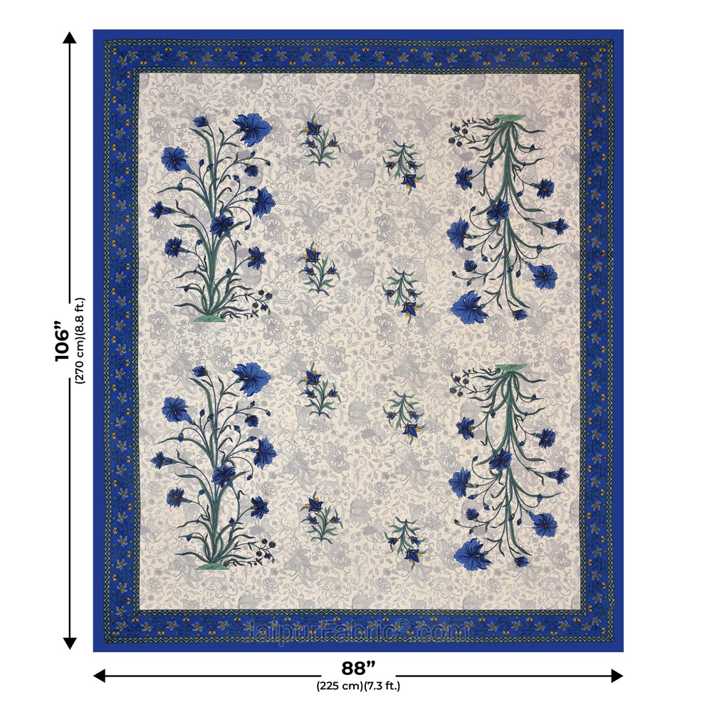 Blue Border Cream Base  Bud And Tree  Print Cotton Double  Bed Sheet